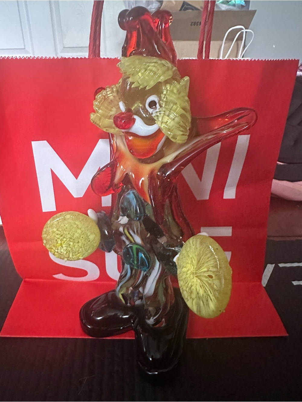 Handmade Art Glass Clown Figurine - Red, Yellow, Brown